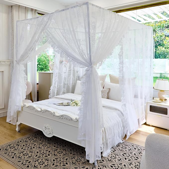 AIKASY Elegant Lace Princess 4-Poster Bed Canopy Mosquito Net - Romantic Wedding Bridal Bedroom Decor, Kids Room Bed Curtain for Women Adults - (White-2,Twin)
