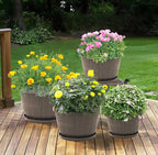 Quarut 10 inch Plastic Flower Pots for Outdoor Plants，4 Pack Large Outdoor Planter Pot with Drainage Holes & Saucers，Imitation Wine Barrel Design，for Indoor Outdoor Garden Plants（Brown）