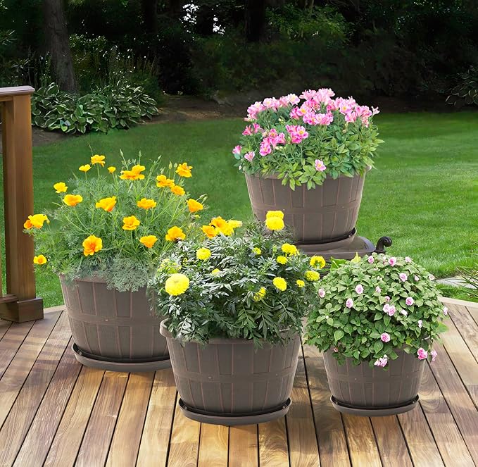 Quarut 12 Inch Large Planter Pot for Plants Indoor Outdoor, 4 Pack Plastic Flower Pots with Drainage Hole & Tray, Modern Decorative Garden Pot with Saucer, Plant Container for House（Brown）