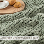 Chunky Knit Blanket Throw, 100% Hand Knit Throw Blanket Handmade Chenille Cable Knit Throw for Couch, Stylish Cozy Soft Rope Knot Crochet Blanket for Home Decor, Sage Green, 60x80 Inches
