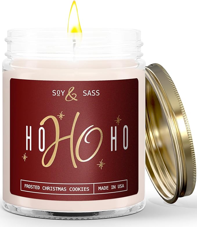 Christmas Candles Scented – ‘Ho Ho Ho’ Soy Christmas Candle, with Santa's Cookies Scent - Infused with Essential Oils I Holiday Candles I 9oz, 50Hr, Made in USA