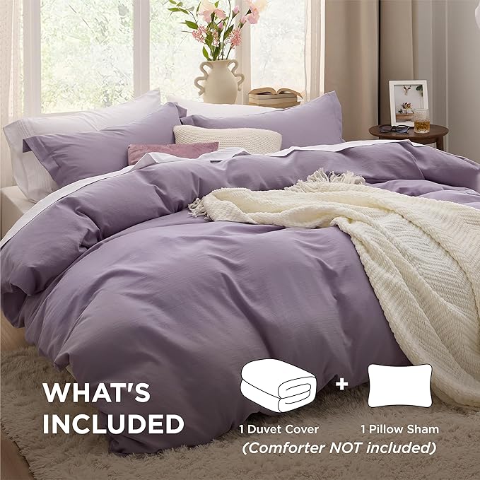 Bedsure Grayish Purple Duvet Cover Twin/Twin XL Size - 2 Pieces Prewashed Cotton-Like Extra Soft Bedding Set, Includes 1 Twin Duvet Cover 68x90 Inches with Zipper Closure & 1 Pillow Sham, No Comforter