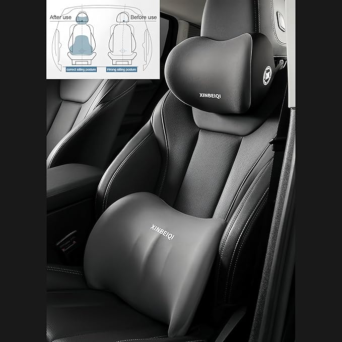 Car Seat Back Support and Car Neck Pillow Kit, Ergonomic Design headrest Lumbar Support for Neck Back Pain Relief Improve Sitting Posture (Black)