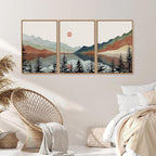 Tinonedraw Boho Mountain Framed Canvas Wall Art Set, Watercolor Nature Landscape Wall Decor, Black Pine Trees Forest Artwork, Neutral Modern Sunrise Art Prints for Living Room Bedroom Office 24"x36"x3