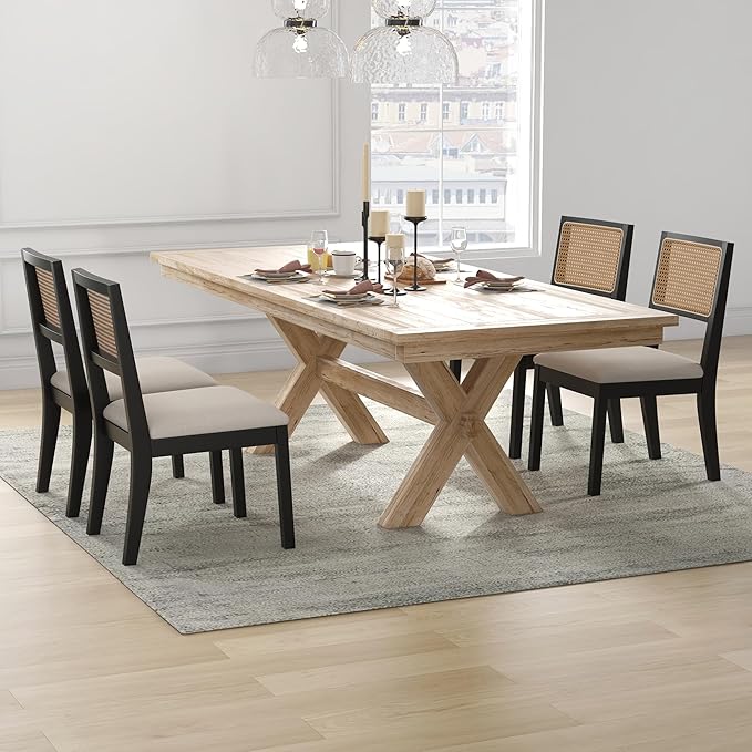 Westice Rattan Dining Chairs Set of 2, Farmhouse Natural Dining Room Chairs with Upholstered Cushion, Wood Armless Chairs for Kitchen/Restaurant, Black