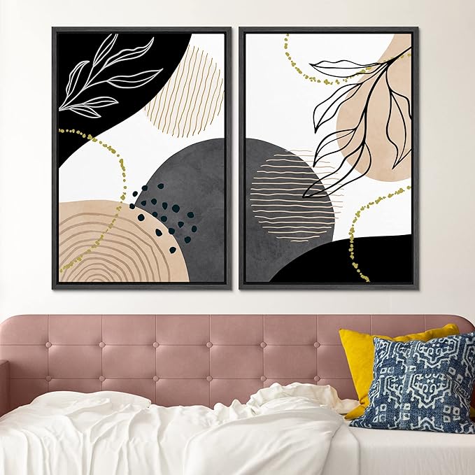 SIGNFORD Framed Canvas Print Wall Art Set Mid-Century Nordic Geometric Ring Plants Abstract Shapes Illustrations Modern Art Decorative Bohemian for Living Room, Bedroom, Office - 24"x36"x2 Black