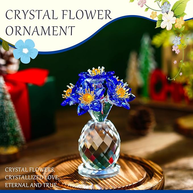 Blue Crystal Flower Figurine Collectibles Crystal Flower Christmas Ornament for Home Decor Table Centerpiece Glass Bouquet Flowers Keepsake for Women