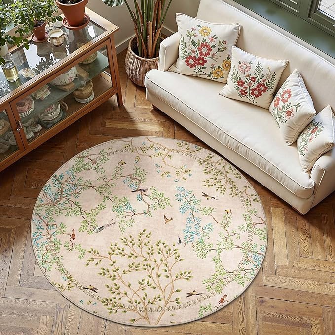 jinchan Round Rugs 5ft Beige Botanical Birds Print Machine Washable 5' Circle Nature Plants Modern Soft Non Slip Throw Area Rugs Ultra Thin Low Pile Carpet for Bedroom Kitchen Living Room