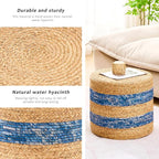 Handwoven Ottoman Pouf, Natural Water Hyacinth Footstool, Round Braided Outdoor Seat with Sturdy Frame, Boho Accent Stool for Patio, Balcony, or Garden (Blue)