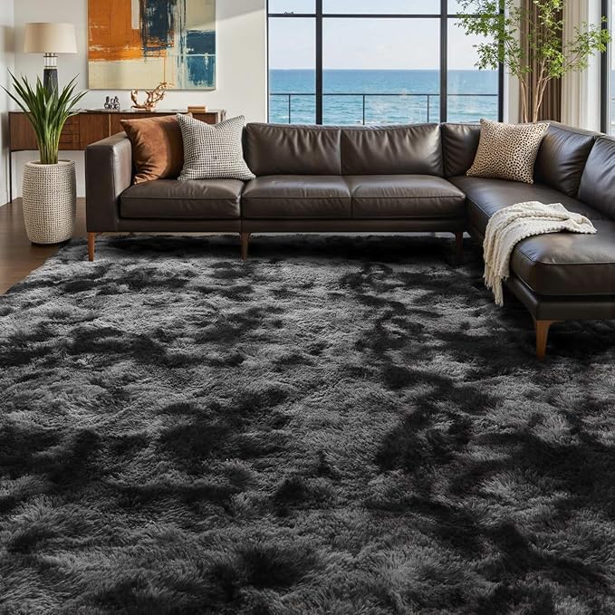 9x12 Ft Extra Large Shag Rugs for Living Room, Tie Dyed Ultra Soft Fluffy Furry Area Rugs for Bedroom Indoor Floor, Aesthetic Carpet for Kids Home Decor (Dark Grey)