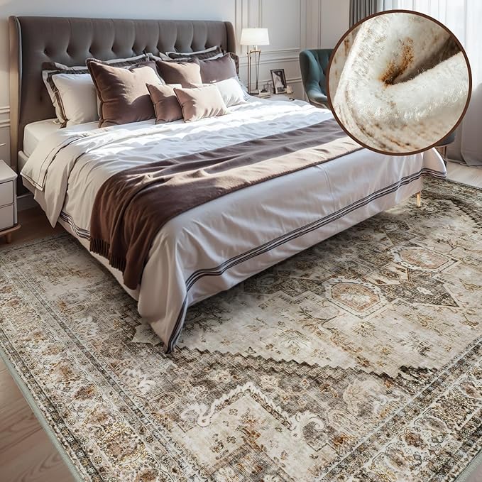 Beige Large 9x12 Area Rugs for Living Room Rug Bedroom Rug-Carpet Washable Neutral Dining Room Rugs for Under Table Soft Comfortable Non Slip Vintage Oriental Medallion Design
