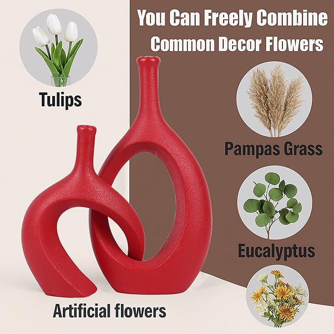 WUBIANJIE Red Ceramic Vase Set - Modern Boho Decor, Snuggle Design, Vases for Living Room, Bedroom, Coffee Table, Fireplace