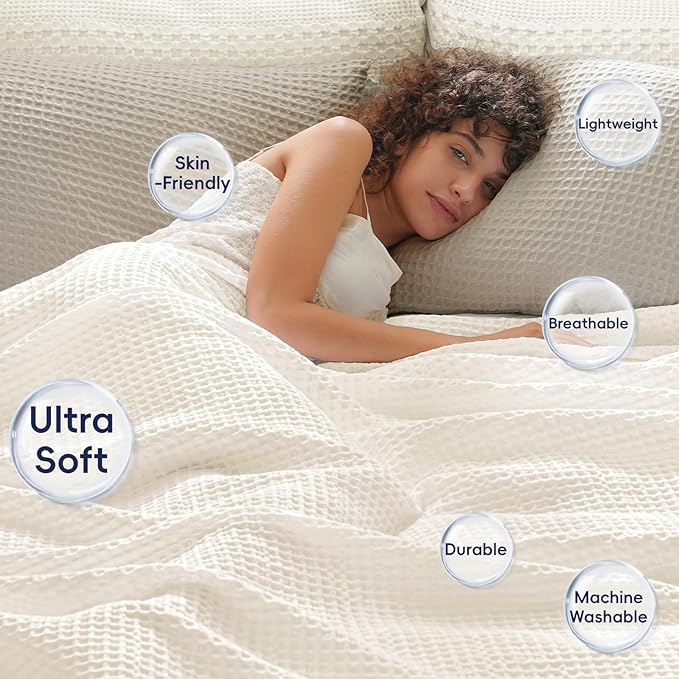 PHF Ultra Soft Waffle Weave Blanket Queen Size 90"x 90"- Washed Lightweight Breathable Cozy Woven Blanket for Bed - Aesthetic Decor for Couch Bedding Sofa Home Car - Coconut White