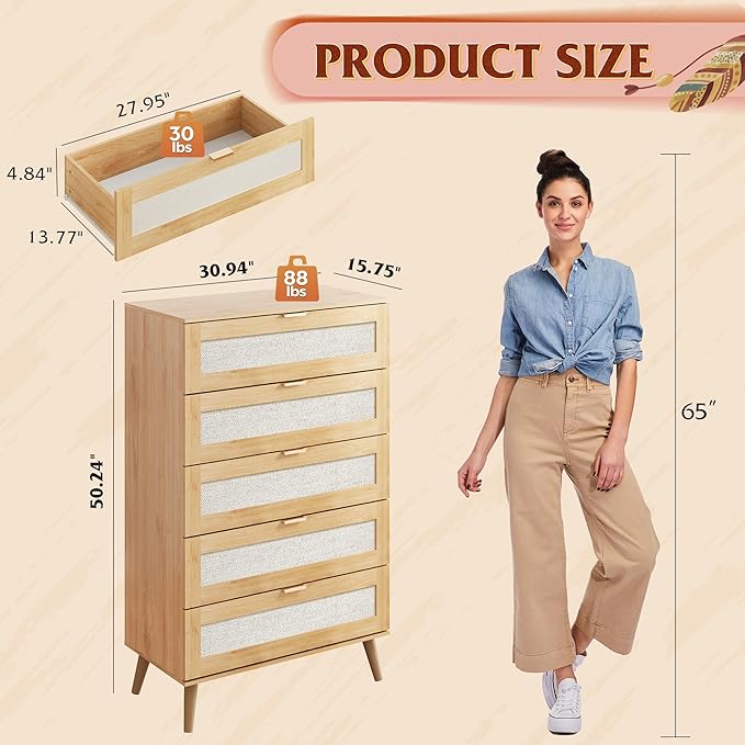 WLIVE Rattan Dresser for Bedroom, 5 Drawer Wood Boho Dresser Storage with Gold Metal Handle, Chest of Drawers for Living Room, Closet, Hallway, Light Oak