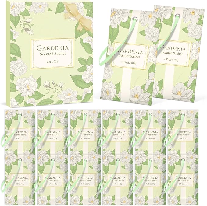 SCENTORINI Scented Sachets for Drawers and Closets, Gardenia Scent 14 Pack, Long-Lasting Sachets Bags Wardrobe Freshener, for Shoe Wardrobe, Cupboard