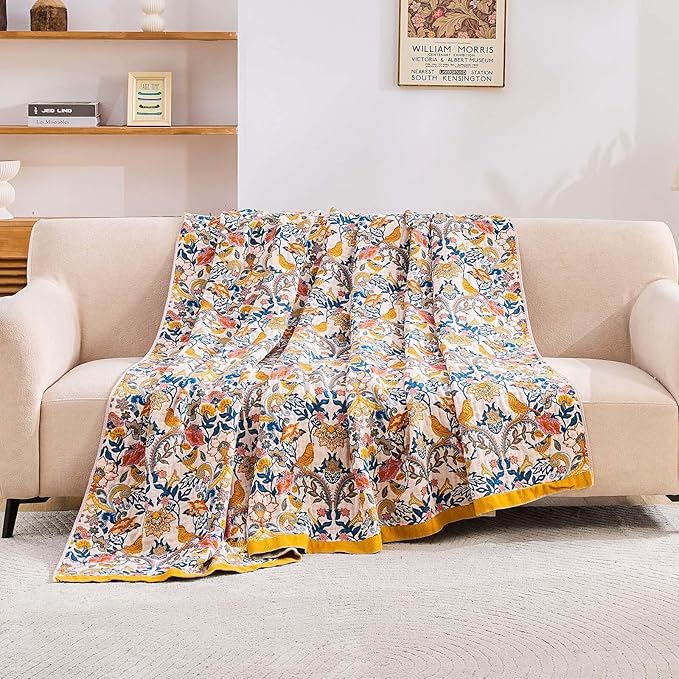 Boho Blanket Throw Quilt, 100% Cotton Soft Light Weight Throw Blankets for Summer, 60"x80" Farmhouse Flower Decorative Blankets, All Season Rustic Reversible Bohemian Throw Quilt