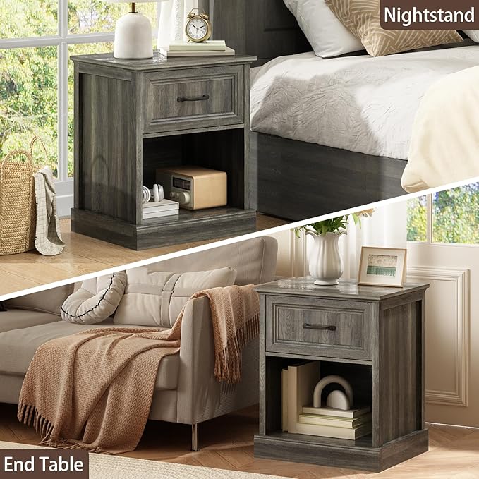 CARPETNAL 20" Farmhouse Nightstand Set of 2, End Table with Large Drawers & Open Storage, Side Table, Bedside Table for Bedroom, Living Room, Grey