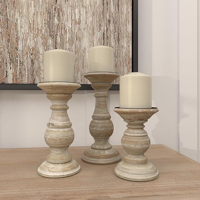 Deco 79 Mango Wood Decorative Candle Holder Turned Style Pillar Candle Stand, Set of 3 Candlestick Holder 6", 8", 10"H, Cream