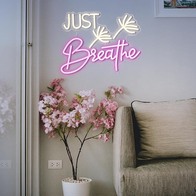 Just Breathe Neon Sign Dimmable Breathe Neon Signs Light Up Sign for Wall Decor LED Letters Neon Light by USB for Bedroom Yoga Studio Gym Reading Room(12.6 * 16.5In)