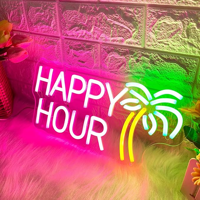 HDJSIGN Happy Hour Neon Signs Coconut Palm Tree Pink Neon Bar Light Sign for Wall Decor Home Bar Club Coffee Pub Hotel Decor USB Operated Led Sign Game Room Bedroom Home Decor Birthday Wedding Sign