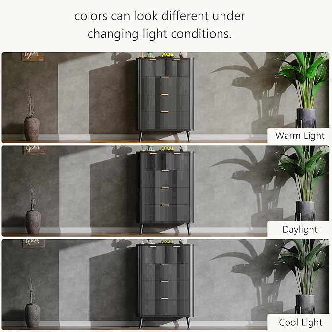 Alohappy Black Fluted Dresser with 5 Drawer and Charging, 48" Tall Mid Century Modern Chest of Drawers with Curved Profile Design, Wood Storage Dressers