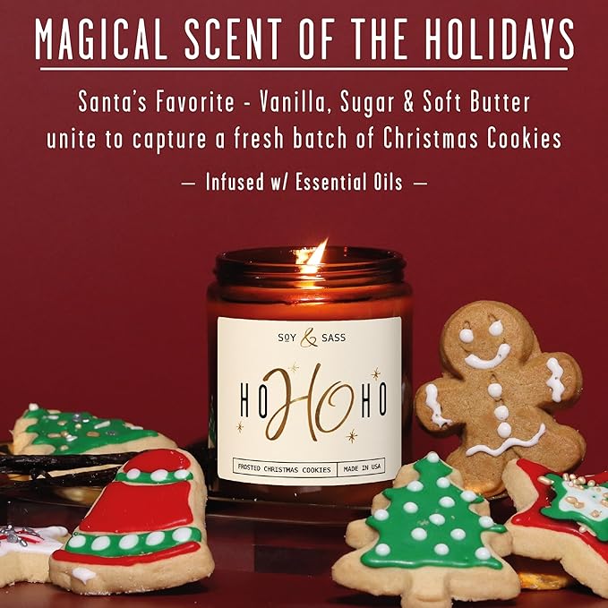 Christmas Candles Scented – ‘Ho Ho Ho’ Soy Christmas Candle, with Santa's Cookies Scent - Infused with Essential Oils I Holiday Candles I 9oz, 50Hr, Made in USA