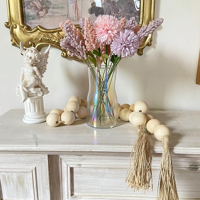 OMISHE 50" Long Extra Large Wood Bead Garland with 1.6" Diameter Wooden Beads and Tassels, Rustic Farmhouse Country Decorative Beads for Home Decor Tiered Tray Decor, Natural Beige