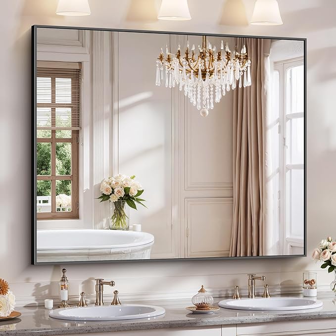 YIROMAN Bathroom Mirror for Wall 48"x40", Large Matte Black Bathroom Mirror with Metal Frame, Rectangular Vanity Mirror with Right Angles, Wall Mirror Hangs Horizontal or Vertical, Shatterproof