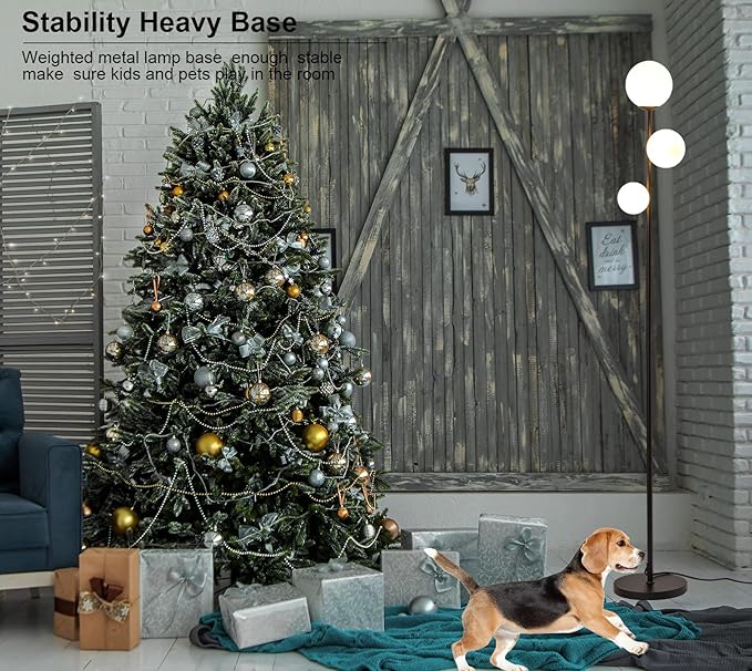 Fiqevs 3 Globe Mid Century Modern Floor Lamp, 3 x 800LM LED Bulbs Included, Matt Black Standing Lamp with Sphere Frosted Glass Shade, Vintage Retro Tall Pole Lamp for Living Room, Bedroom Office