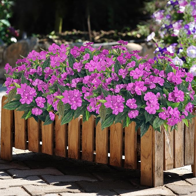 UUqueeten15.7” Fall Decorations for Home Fake Fall Flowers Fake Plants Artificial Impatiens Bouquet Flowers for Outdoors Silk Faux Flowers Impatiens Plants Decor Indoor Planters 8PCS (Purple)