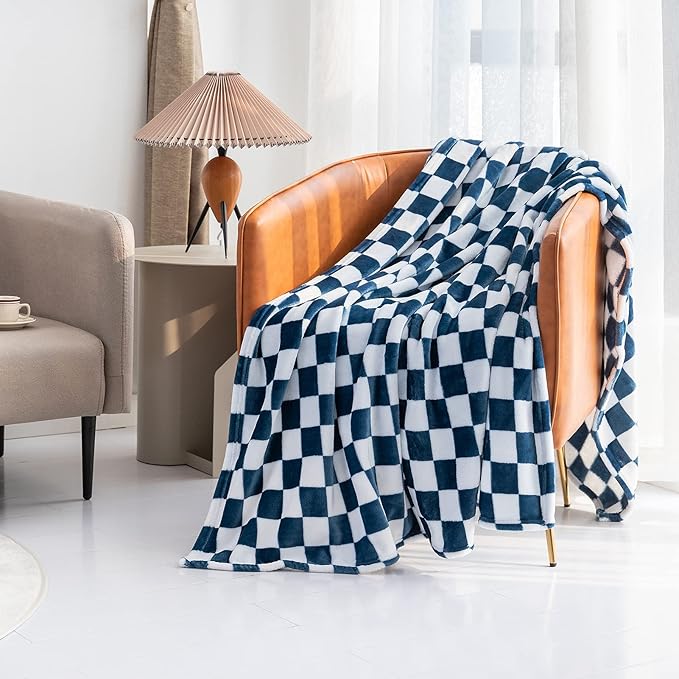 LOMAO Throw Blankets Flannel Blanket with Checkerboard Grid Pattern Soft Throw Blanket for Couch, Bed, Sofa Luxurious Warm and Cozy for All Seasons (Navy, 50"x60")