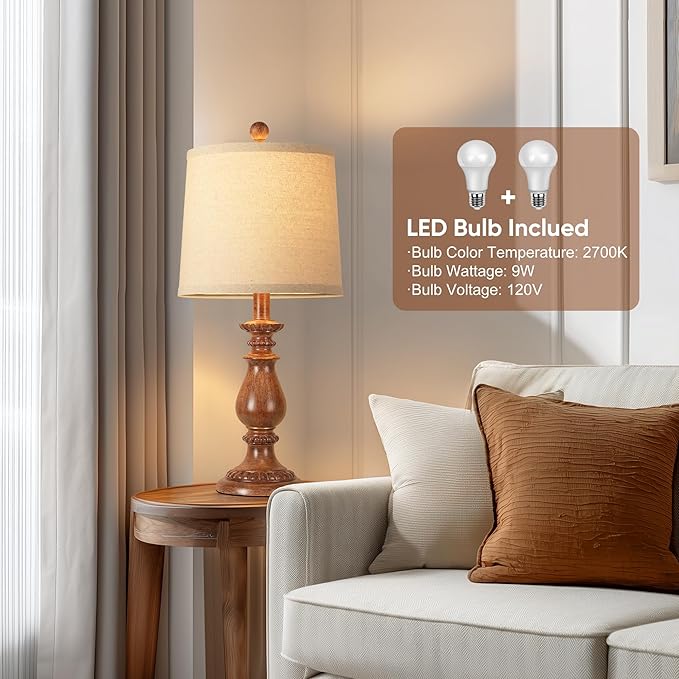 QiMH Farmhouse Table Lamp Set of 2, Rustic Table Lamps for Living Room, Vintage Nightstand Lamp with Rotary Switch, Beside Lamps for Bedroom, Traditional Table Lamps with Linen Shade, Wood Grain