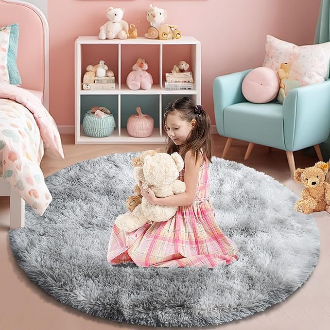 Tie-Dyed Fluffy Round Rug,Soft Area Rugs for Girls Room,Shaggy Rugs 6'X6' for Living Room,Non Slip Circle Rug for Kids Bedroom,Shag Plush Nursery Rug,Plush Carpet for Dorm,Furry Room Decor,Light Grey