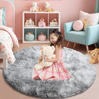 Tie-Dyed Fluffy Round Rug,Soft Area Rugs for Girls Room,Shaggy Rugs 5'X5' for Living Room,Non Slip Circle Rug for Kids Bedroom,Shag Plush Nursery Rug,Plush Carpet for Dorm,Furry Room Decor,Light Grey