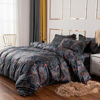 ABREEZE Luxury Vintage Black Duvet Cover Sets Damask Paisley Bedding Set Retro 100% Brushed Cotton Zipper Closure Bedding Collection Queen Size