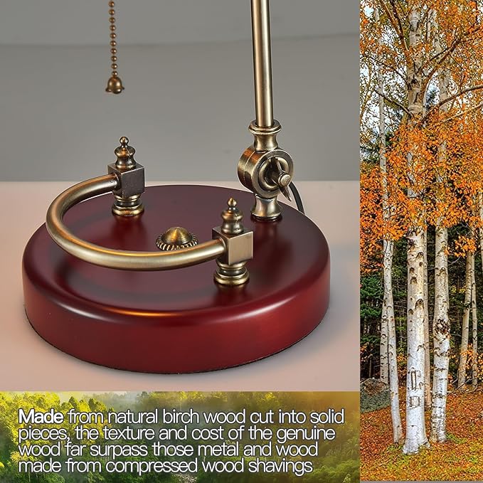 Bankers Lamp, Traditional Green Desk Lamp with Solid Birch Wood Base, Green Glass Antique Library Lamp with Pull Chain Switch, Plug in Vintage Bankers Desk Lamp for Office, Study Room 【E26 Socket】