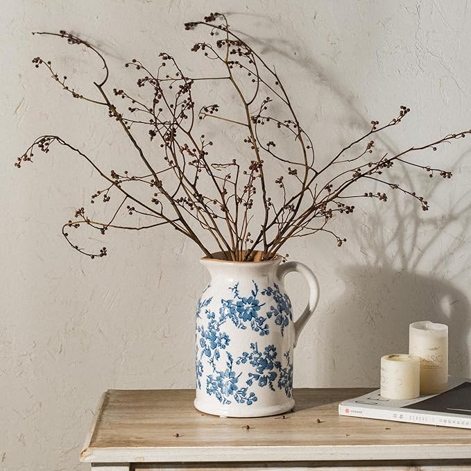 Blue and White Pitcher Vase, 8 Inch Vintage Chinoiserie Ceramic Flower Vase, Rustic Retro Ice Cracked Antique Porcelain Vases for Home Farmhouse Table Centerpieces Shelf Decor