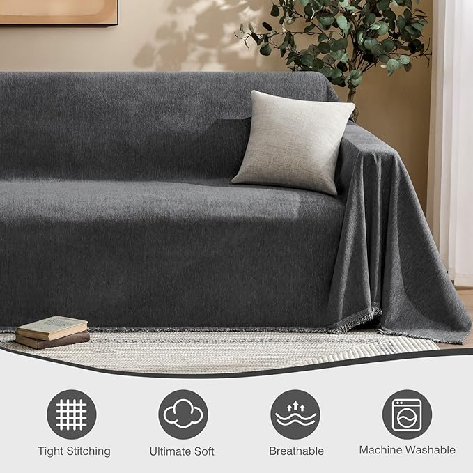 Couch Cover for Dogs Sectional Sofa Covers Washable for 3 Cushion Couch, Chenille Couch Cover Blanket, Sectional Sofa Slipcovers, Multi-Use Furniture Protector for Kids, Pets, 91" X150", Dark Grey