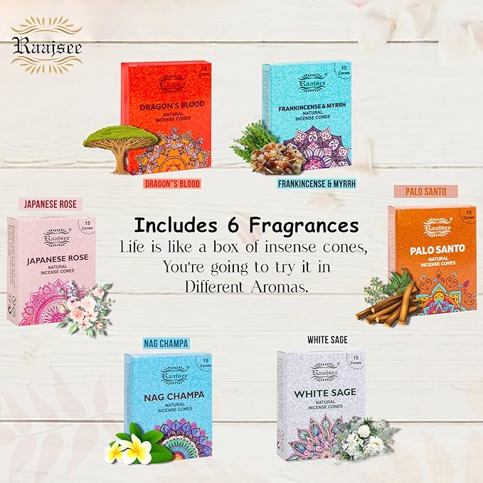 Raajsee Natural Incense Cones,6 Pack Mixed Scents Gift Pack 15 pc Each (90 Total), Insense Cones Variety Pack, 100% Organic Non Toxic Natural - Hand Rolled Free from Chemicals (Pack 2)