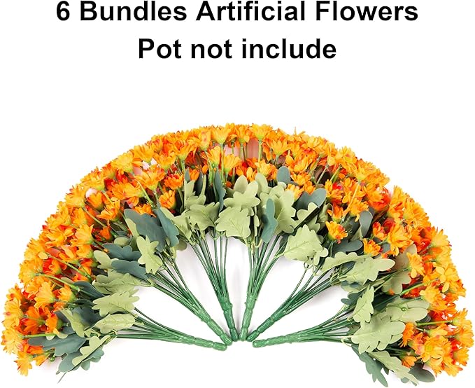 Daisy Artificial Flowers for Outdoors Fall Autumn Decoration, 6 Bundles Fake Mums Orange Silk Flowers for Outside Look Real UV Resistant Fake Plants Faux Flowers for Planter Front Door Home Indoor Urn