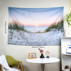 HVEST Ocean Beach Tapestry Wall Hanging, Sunset Seabird and Beach with Grass Wall Tapestry Natural Landscape Tapestries for Bedroom Living Room Dorm Decoration, 60x40 Inches