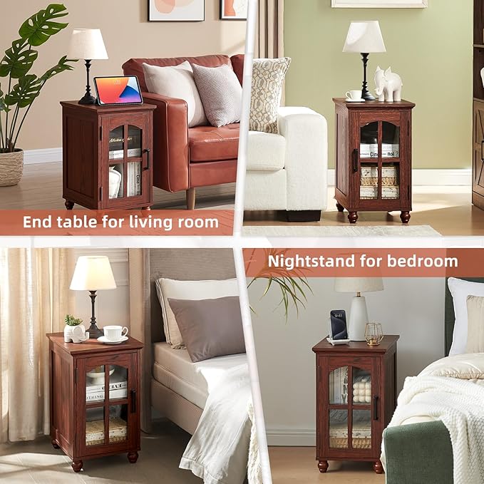 Farmhouse End Table Set of 3 with Charging Station, 18'' Narrow Side Table and 24" Large Sofa Side Table with Glass Barn Door Storage, Wood Night Stand Bedside Table for Living Room,Bedroom
