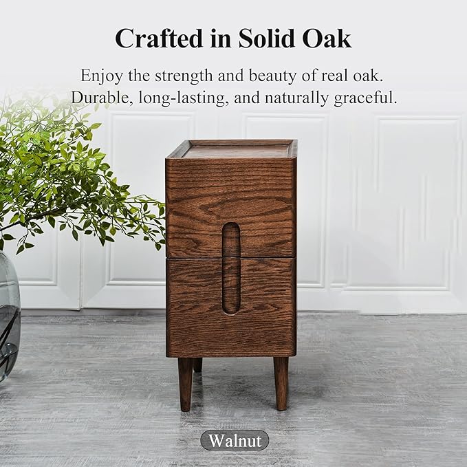 Mid Century Modern Nightstand, Narrow Nightstand, Minimalist Side Table for Bedroom, 2-Drawer Bedside Tables (Walnut, 9.84inches)