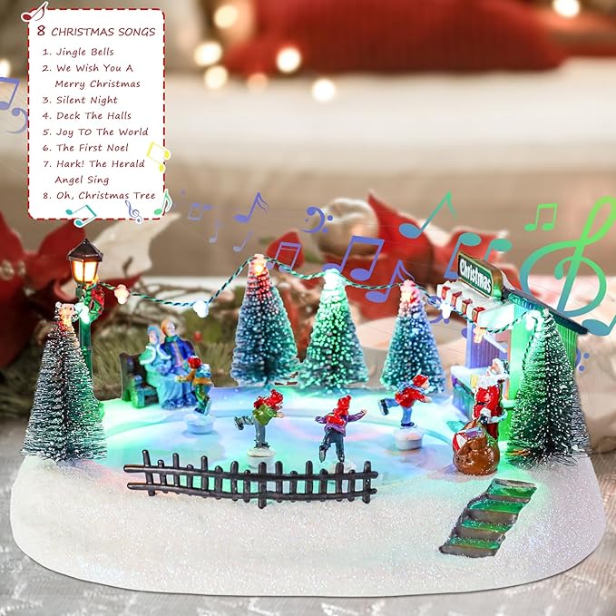 VCUTEKA Christmas Village Houses, Santa Claus with Tree and Rotating Kids Skating Lighted Musical Christmas Village Collectible Building for Xmas Indoor Decorations or Holiday Table Displays