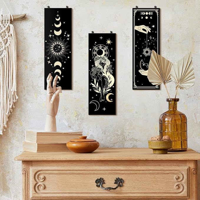 6 Pieces Wall Decor Gothic Boho Wall Art Sun Moon Phases Hanging Rectangular Wooden Minimalist Vintage Sign Plaque Farmhouse Pediments for Home Living Bedroom