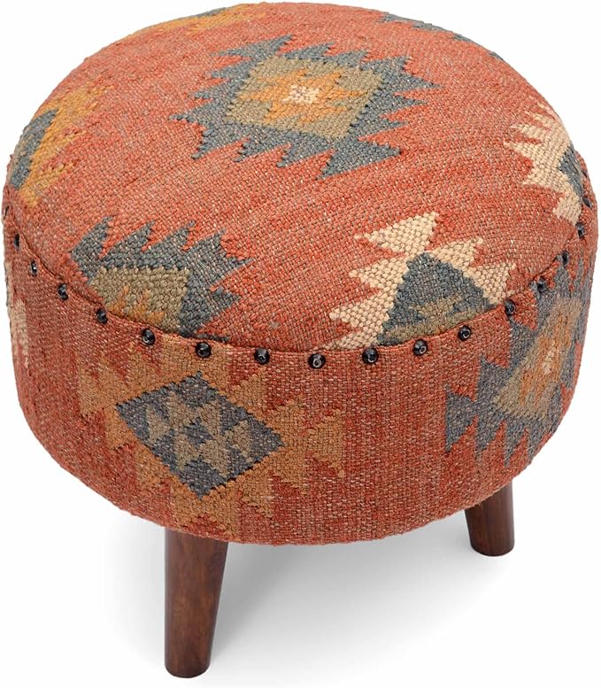 Handmade Kilim Jute Pouf Ottomans Wooden Seating Stool for Living Room, Bedroom (16" D x 16" W x 16" H) (Red)