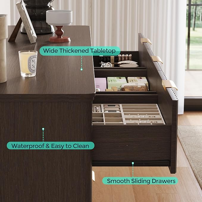 LINSY HOME Fluted Dresser for Bedroom with 9 Drawers, 58" Wide Mid Century Modern Dresser, Tall Boho Chest of Drawers, Large Wood Accent Storage Cabinet for Living Room, Curved Profile Design, Walnut