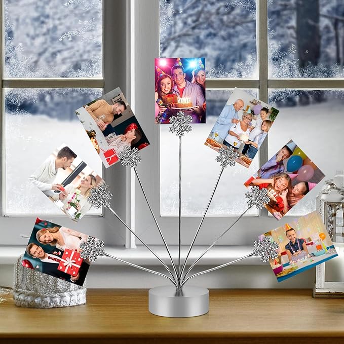 7-Branch Family Desktop Photo Tree Holder Clip Round Base, Card Picture and Memo Desk Frame Display Stand for Wedding Party Christmas Photo Clip Holder Table Numbers (Snowflake)