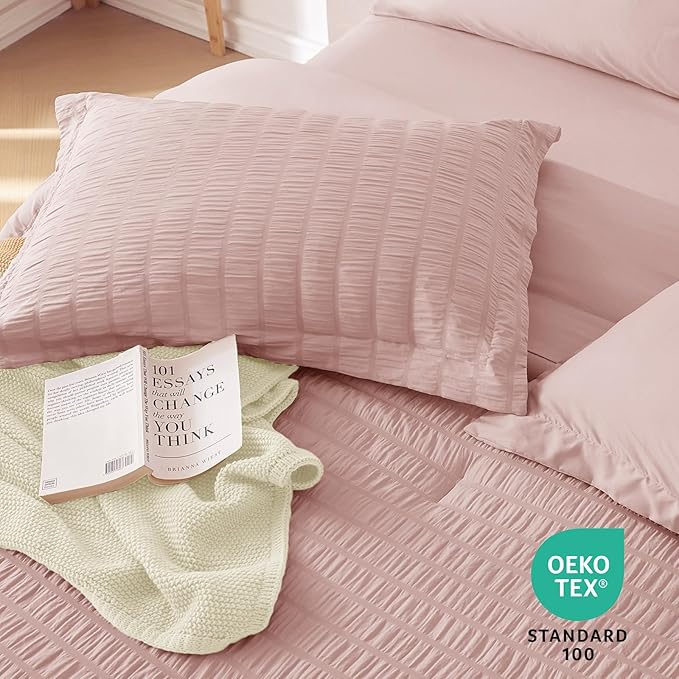 MUXHOMO 5 Pieces Twin XL Comforter Set, Seersucker Bed in a Bag Twin XL Size, All Season Luxury Bedding Set with Comforter, Flat Sheet, Fitted Sheet, Pillowcase & Sham, Rose Gold