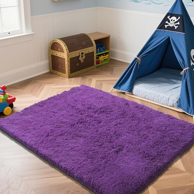 Purple Fluffy Rug Shaggy Area Rug, 6x9 Area Rugs for Girls Bedroom, Big Soft Shaggy Bedside Non-Slip Plush Dorm Nursery Kids Carpet Home Decor Aesthetic